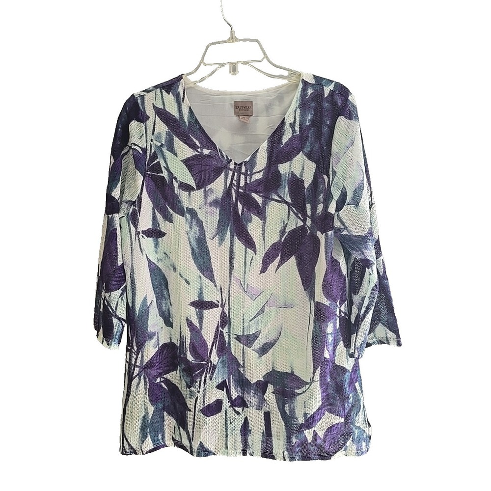 Easywear‎ by Chico's Purple Leaf V-Neck 3/4 Sleeve Pullover Top Womans Size 2
